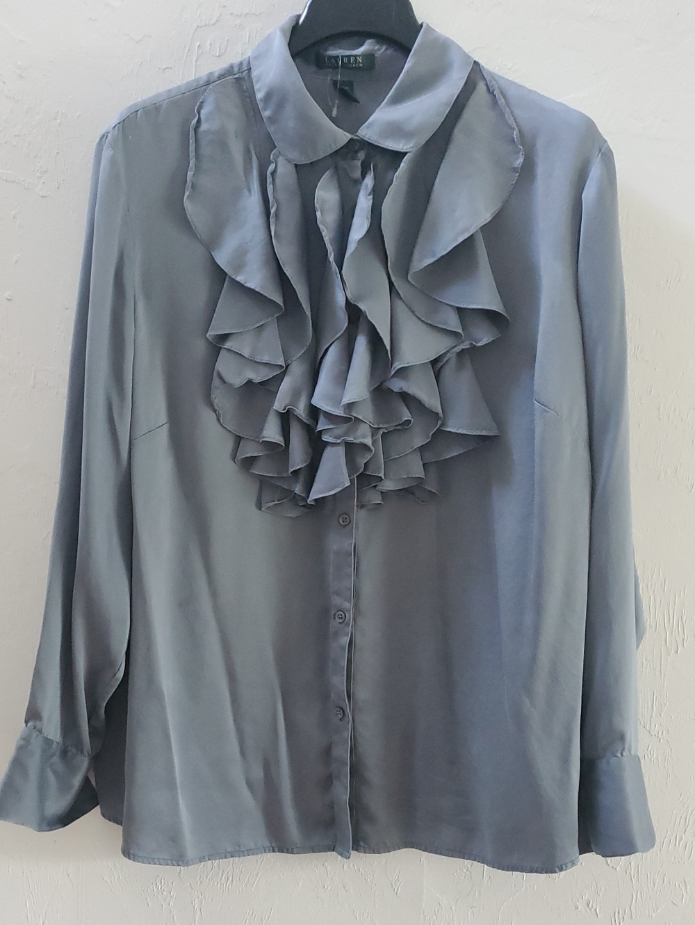 Lauren Ralph Lauren Slate Blue Gray Ruffle Front Button-Down Blouse 100% Silk 2X